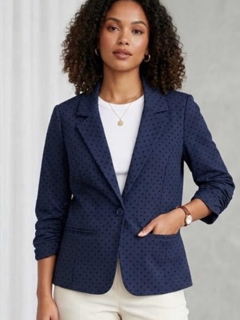 Yest Navy Polka Dot Blazer with 3/4 Ruched Sleeves Women’s Size 8